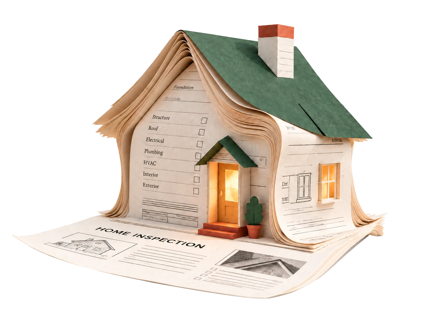 A home inspection report folded into the shape of a house, smoke rising from its paper chimney